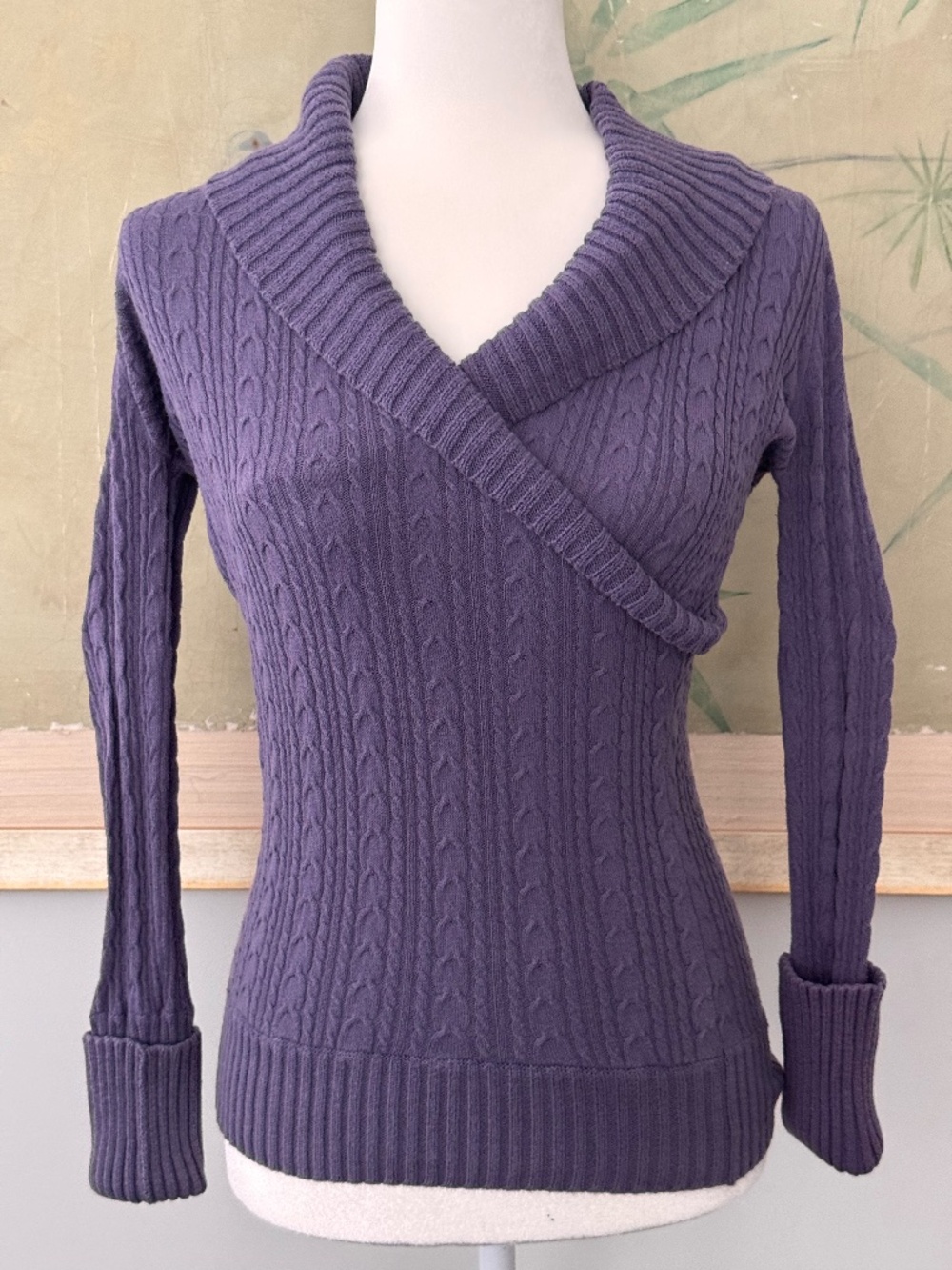 Dark Lavender BCBG V Neck Shawl Collar Sweater